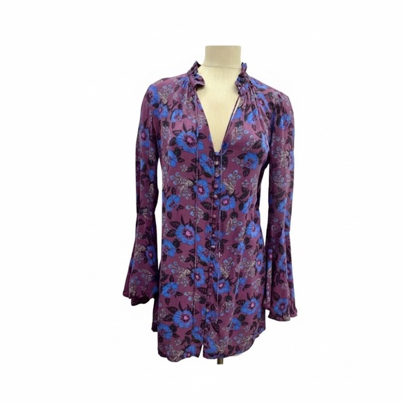 Free People Wine Floral Bell Sleeve Tunic Top - Picture 4 of 6